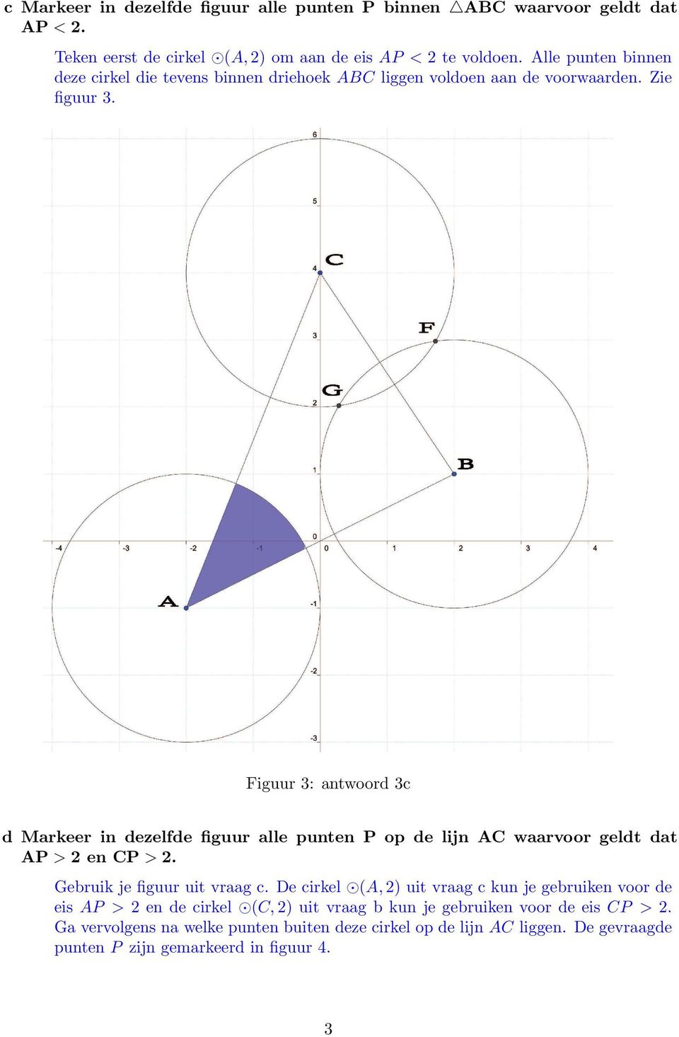 Figuur 3: antwoord 3c d Markeer in dezelfde figuur alle punten P op de lijn AC waarvoor geldt dat AP > 2 en CP > 2. Gebruik je figuur uit vraag c.