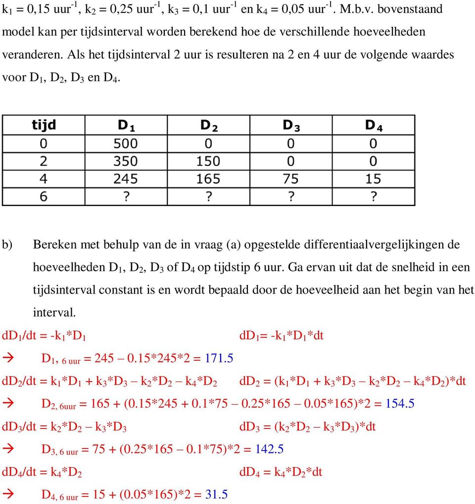 b) Bereken met behulp van de in vraag (a) opgestelde differentiaalvergelijkingen de hoeveelheden D 1, D 2, D 3 of D 4 op tijdstip 6 uur.