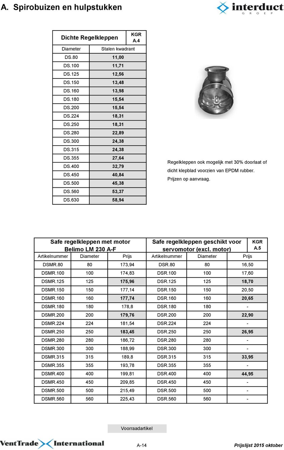 4 Regelkleppen ook mogelijk met 30% doorlaat of dicht klepblad voorzien van EPDM rubber. Prijzen op aanvraag. Safe regelkleppen met motor Belimo LM 230 A-F Diameter DSMR.80 80 173,94 DSMR.100 DSMR.