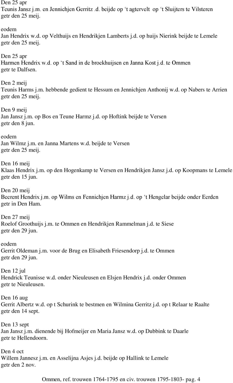 Den 9 meij Jan Jansz j.m. op Bos en Teune Harmz j.d. op Hoftink beijde te Versen getr den 8 jun. Jan Wilmz j.m. en Janna Martens w.d. beijde te Versen getr den 25 meij. Den 16 meij Klaas Hendrix j.m. op den Hogenkamp te Versen en Hendrikjen Jansz j.