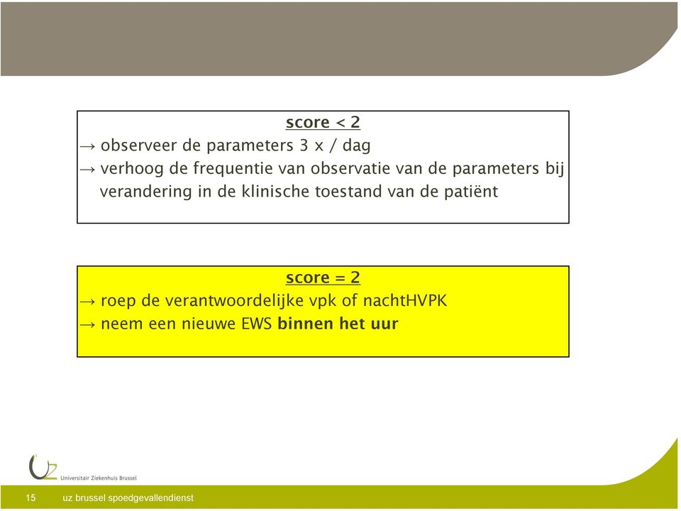 in de klinische toestand van de patiënt score = 2 roep de