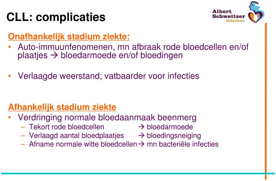 Afhankelijk stadium ziekte Verdringing normale bloedaanmaak beenmerg Tekort rode bloedcellen