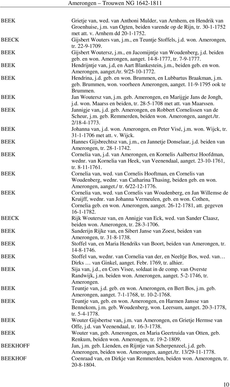 d. won. Amerongen, tr. 22-9-1709. Gijsbert Woutersz, j.m., en Jacomijntje van Woudenberg, j.d. beiden geb. en won. Amerongen, aanget. 14-8-1777, tr. 7-9-1777. Hendrijntje van, j.