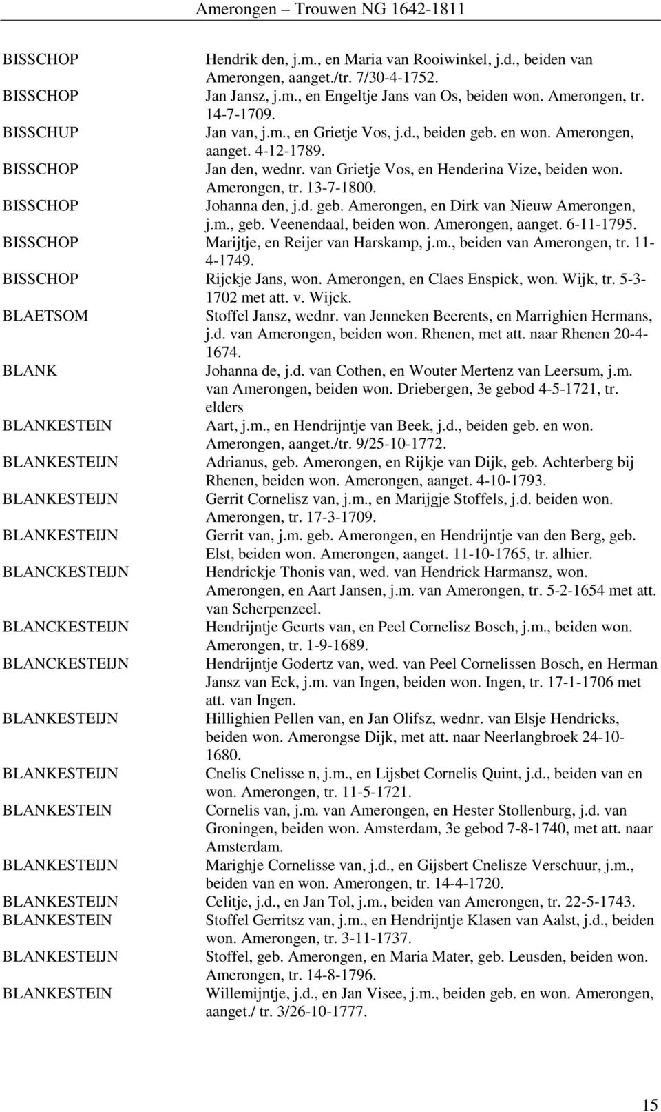 BISSCHOP Johanna den, j.d. geb. Amerongen, en Dirk van Nieuw Amerongen, j.m., geb. Veenendaal, beiden won. Amerongen, aanget. 6-11-1795. BISSCHOP Marijtje, en Reijer van Harskamp, j.m., beiden van Amerongen, tr.