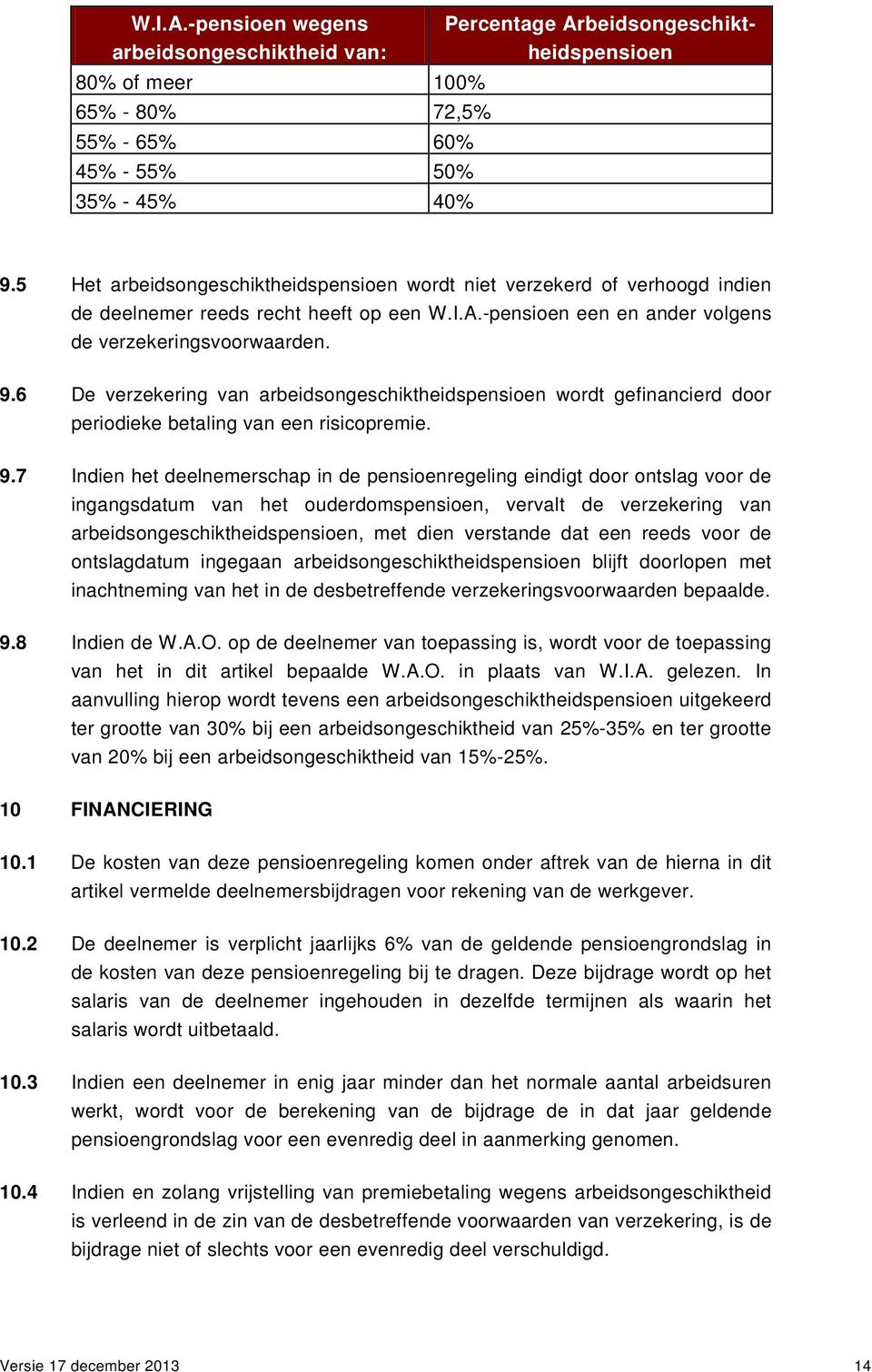 6 De verzekering van arbeidsongeschiktheidspensioen wordt gefinancierd door periodieke betaling van een risicopremie. 9.