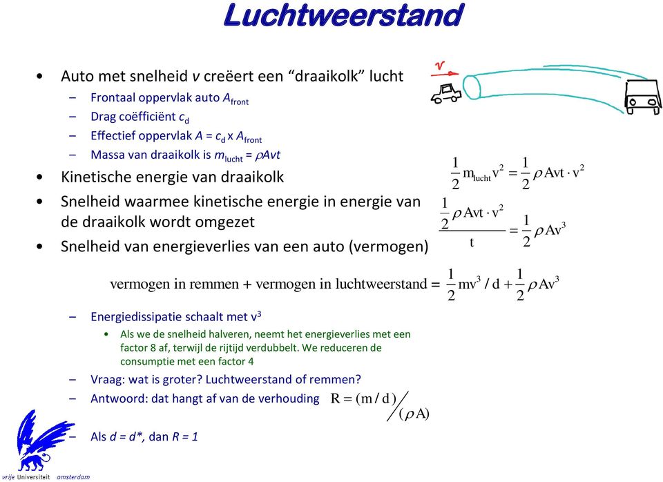 Als we de snelheid halveren, neemt het energieverlies met een factor 8 af, terwijl de rijtijd verdubbelt. We reduceren de consumptie met een factor 4 Vraag: wat is groter? Luchtweerstand of remmen?