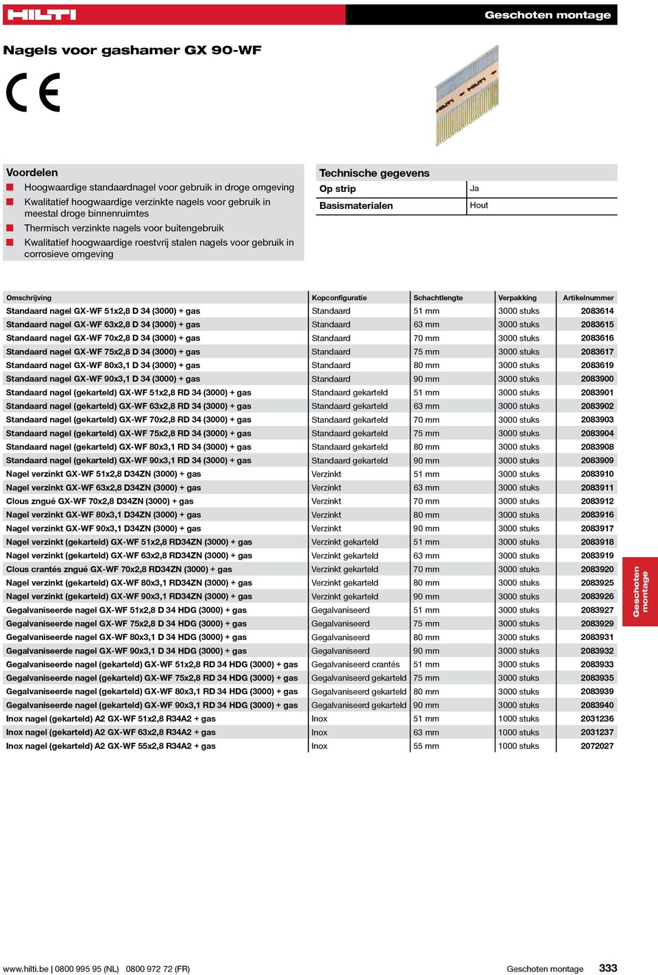 Schachtlengte Verpakking Artikelnummer Standaard nagel GX-WF 51x2,8 D 34 (3000) + gas Standaard 51 mm 3000 stuks 2083614 Standaard nagel GX-WF 63x2,8 D 34 (3000) + gas Standaard 63 mm 3000 stuks