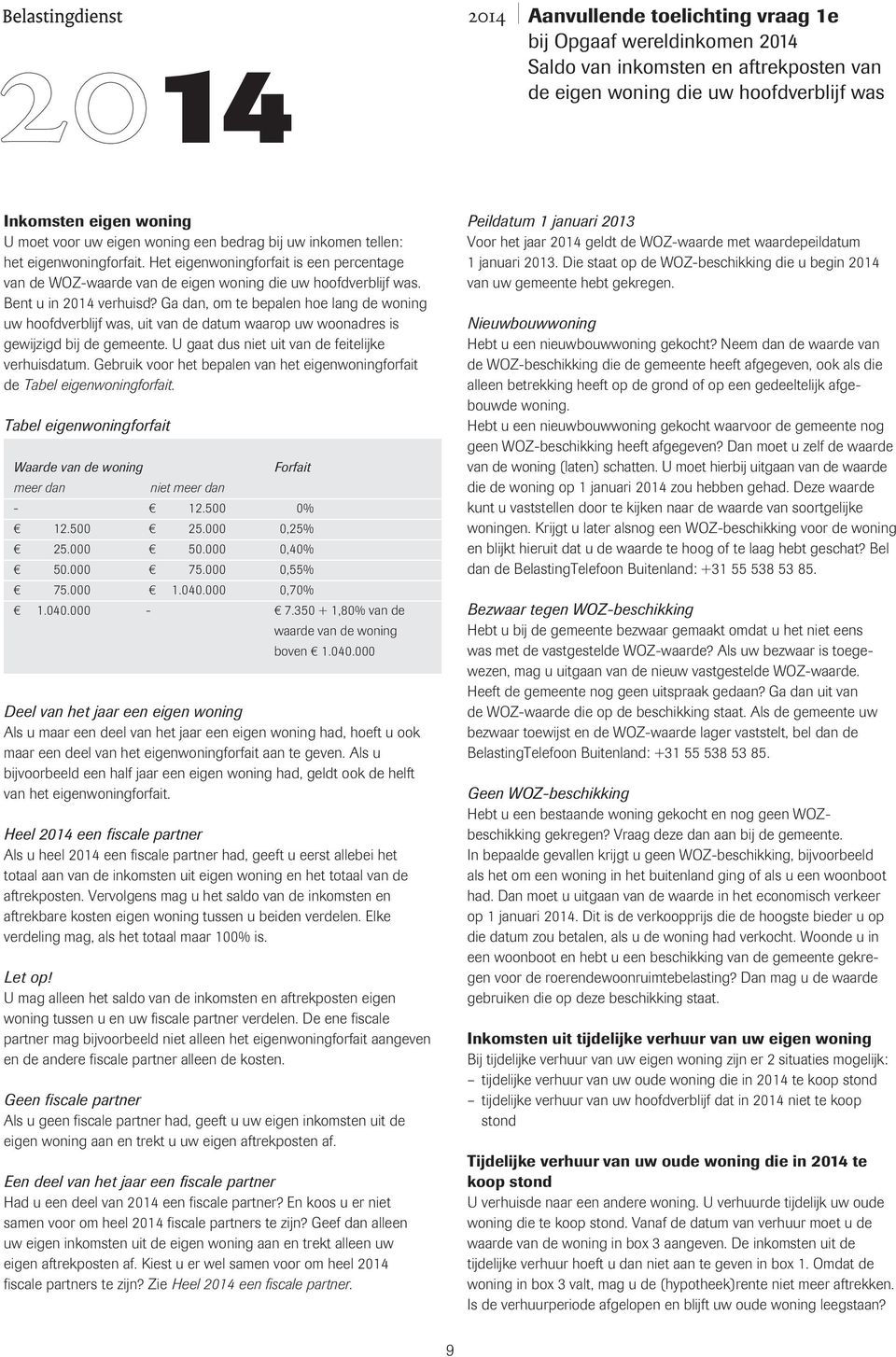 Gebruik voor het bepalen van het eigenwoningforfait de Tabel eigenwoningforfait. Tabel eigenwoningforfait Waarde van de woning Forfait meer dan niet meer dan - 12.500 0% 12.500 25.000 0,25% 25.000 50.