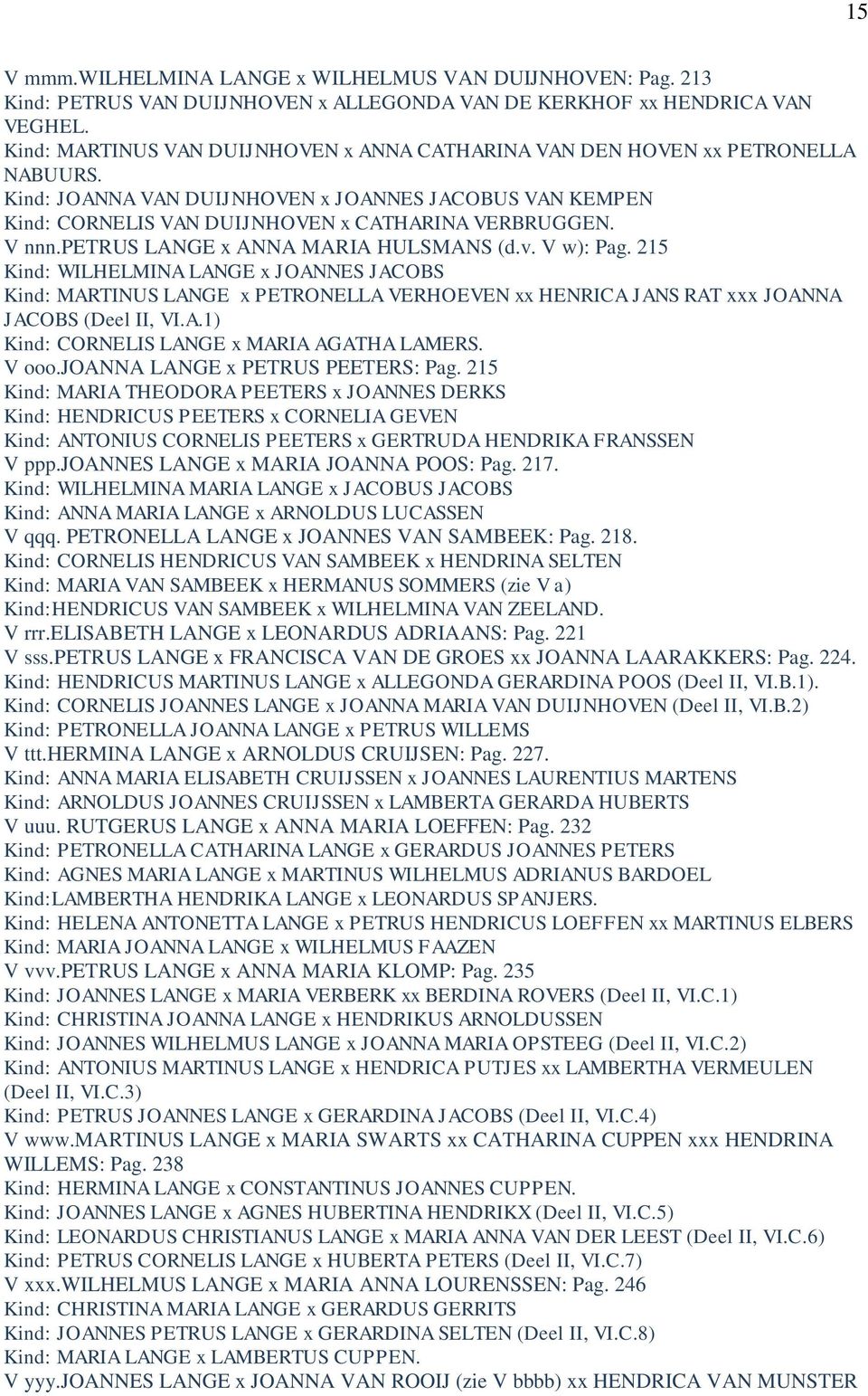 V nnn.petrus LANGE x ANNA MARIA HULSMANS (d.v. V w): Pag. 215 Kind: WILHELMINA LANGE x JOANNES JACOBS Kind: MARTINUS LANGE x PETRONELLA VERHOEVEN xx HENRICA JANS RAT xxx JOANNA JACOBS (Deel II, VI.A.1) Kind: CORNELIS LANGE x MARIA AGATHA LAMERS.