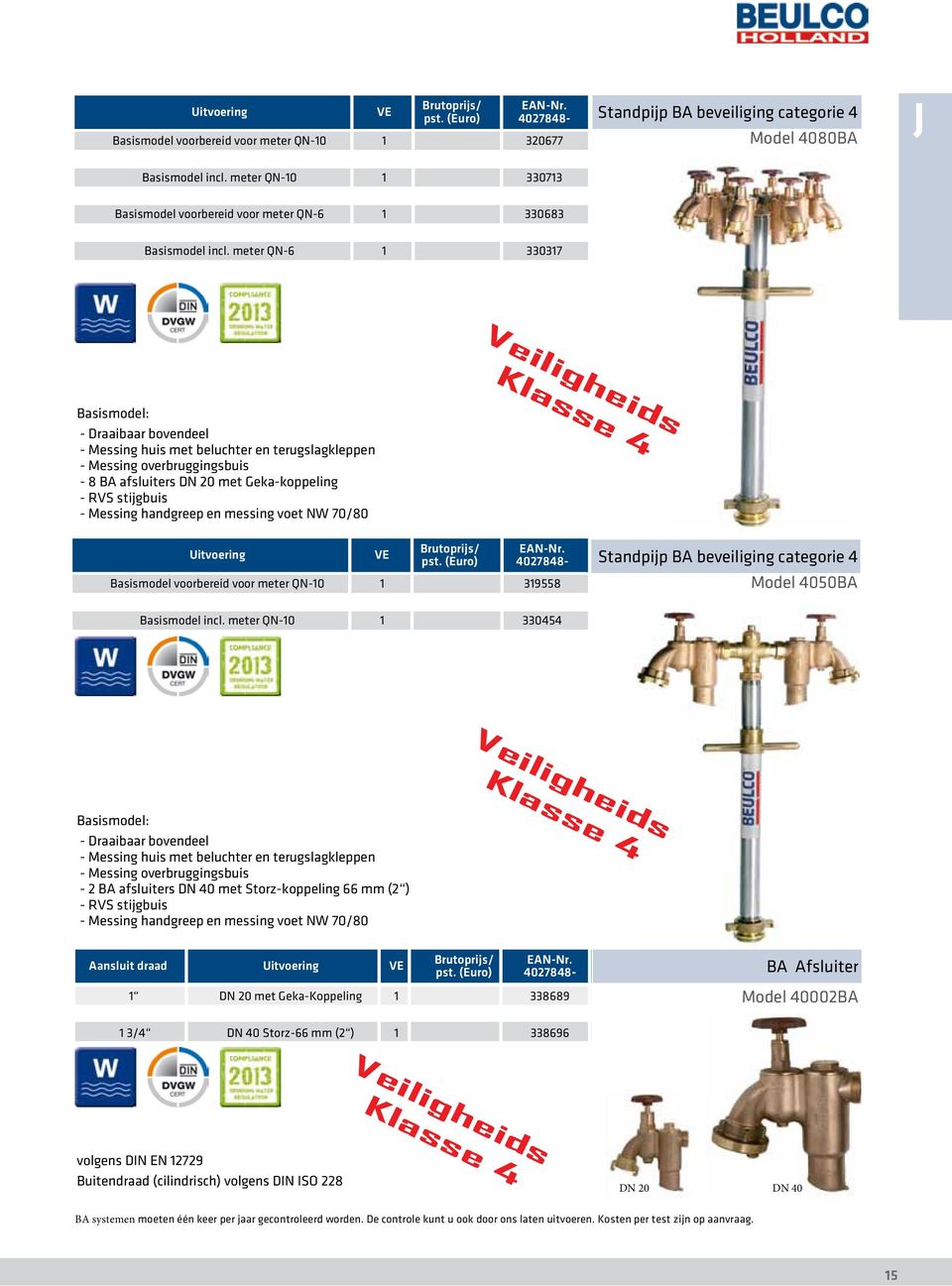 70/80 Basismodel voorbereid voor meter QN-10 1 319558 Standpijp BA beveiliging categorie 4 Model 4050BA Basismodel incl.