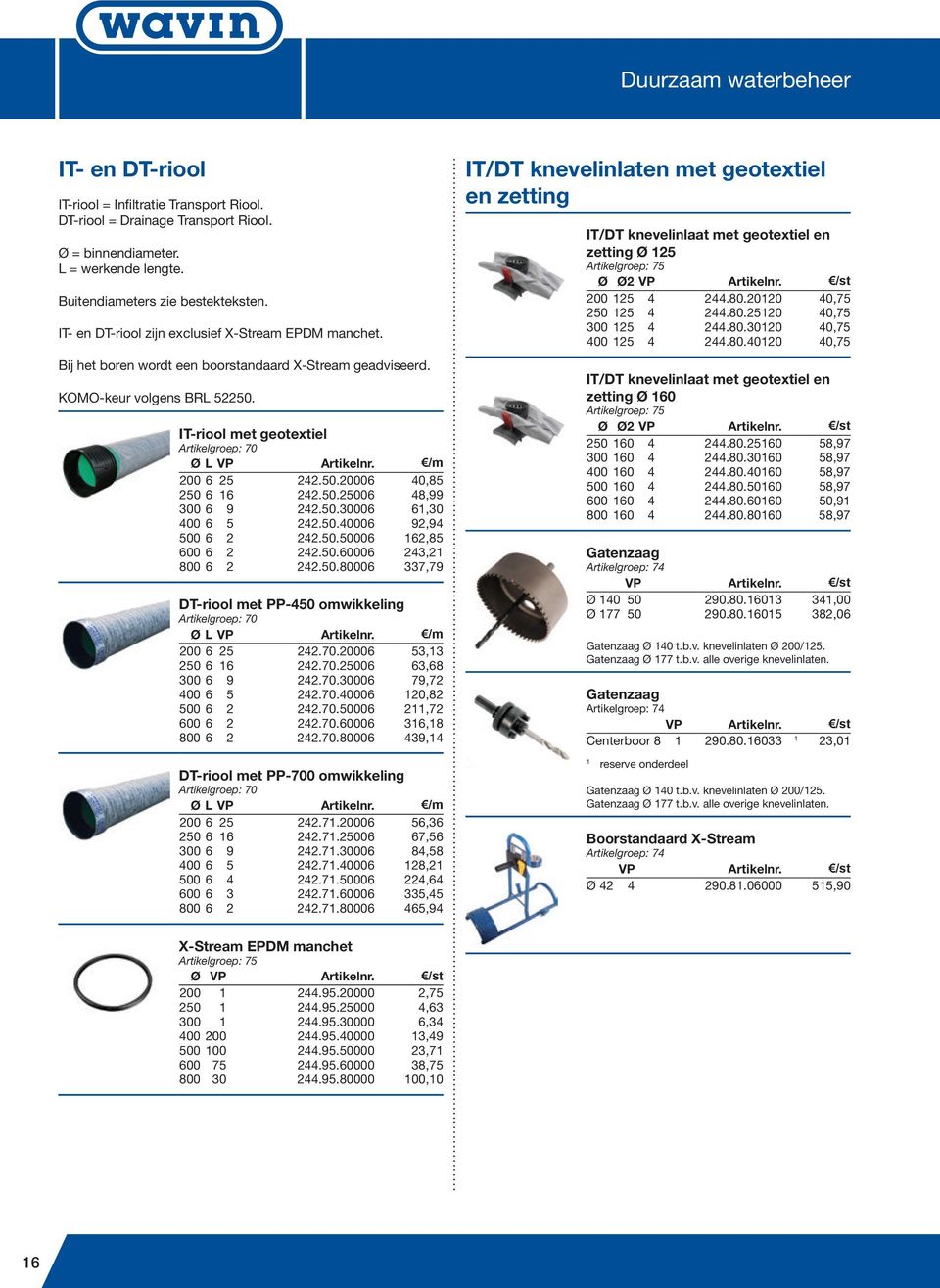 IT-riool met geotextiel Artikelgroep: 70 Ø L VP Artikelnr. /m 200 6 25 242.50.20006 40,85 250 6 6 242.50.25006 48,99 300 6 9 242.50.30006 6,30 400 6 5 242.50.40006 92,94 500 6 2 242.50.50006 62,85 600 6 2 242.