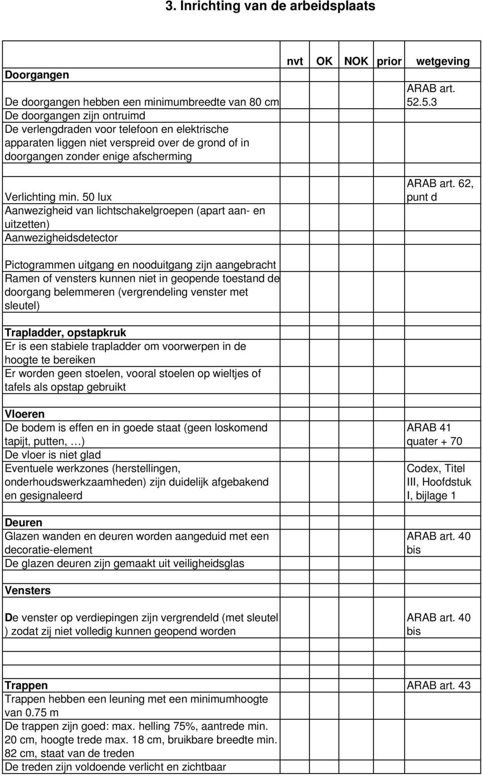 50 lux Aanwezigheid van lichtschakelgroepen (apart aan- en uitzetten) Aanwezigheidsdetector nvt OK NOK prior wetgeving ARAB art. 52.5.3 ARAB art.