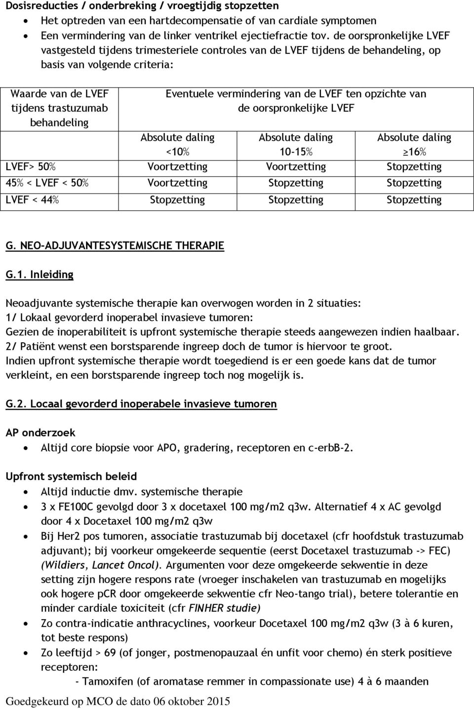 vermindering van de LVEF ten opzichte van de oorspronkelijke LVEF Absolute daling Absolute daling Absolute daling <10% 10-15% 16% LVEF> 50% Voortzetting Voortzetting Stopzetting 45% < LVEF < 50%