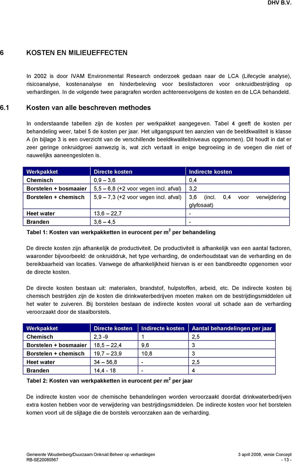 1 Kosten van alle beschreven methodes In onderstaande tabellen zijn de kosten per werkpakket aangegeven. Tabel 4 geeft de kosten per behandeling weer, tabel 5 de kosten per jaar.