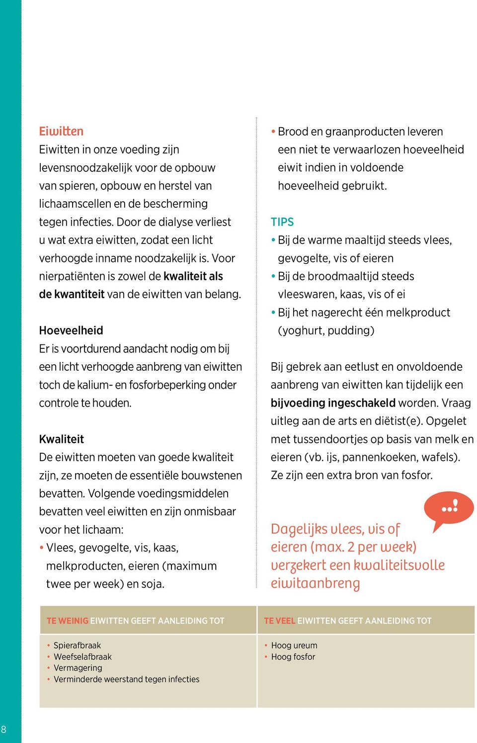 Hoeveelheid Er is voortdurend aandacht nodig om bij een licht verhoogde aanbreng van eiwitten toch de kalium- en fosforbeperking onder controle te houden.