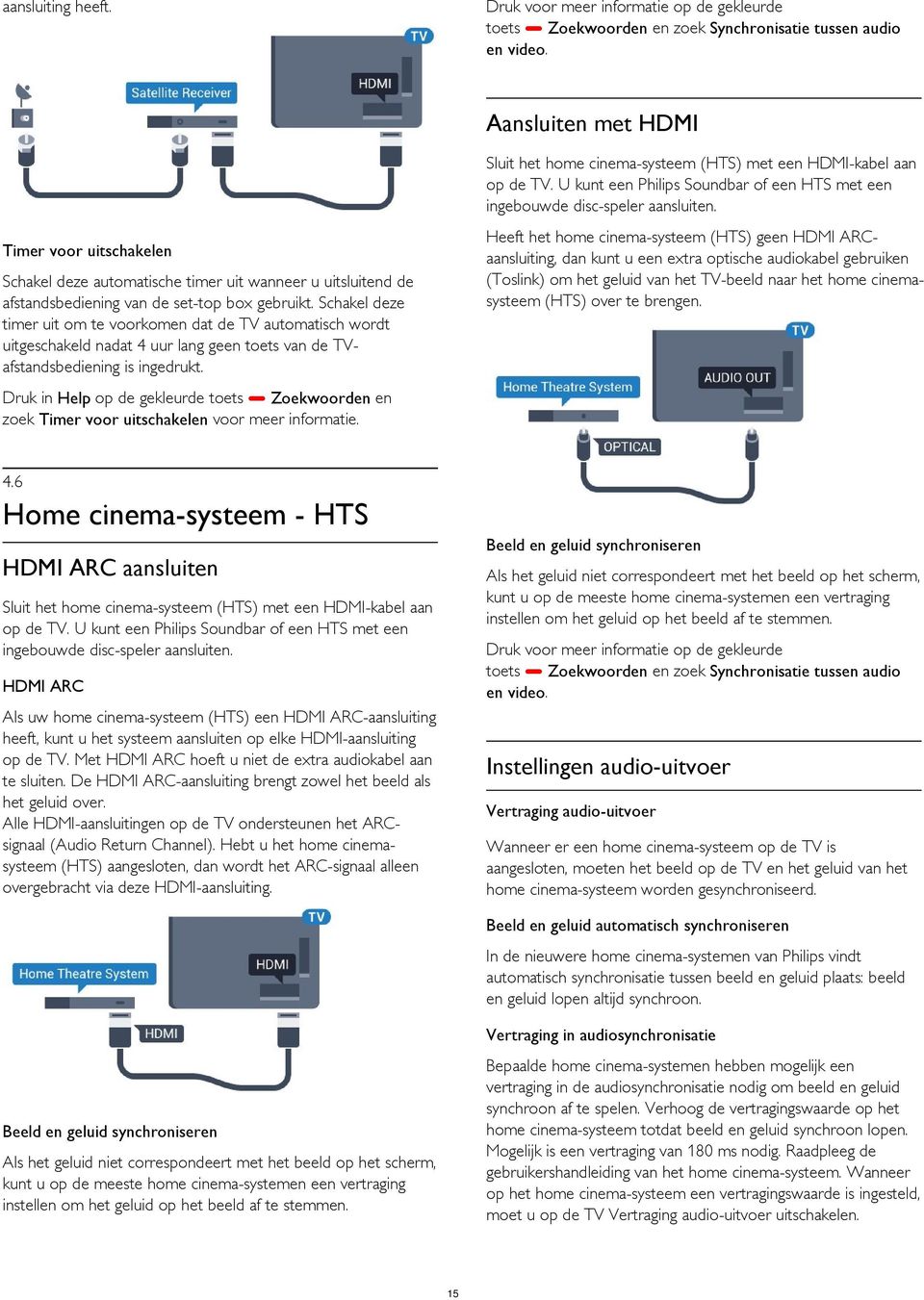 U kunt een Philips Soundbar of een HTS met een ingebouwde disc-speler aan Heeft het home cinema-systeem (HTS) geen HDMI ARCaansluiting, dan kunt u een extra optische audiokabel gebruiken (Toslink) om