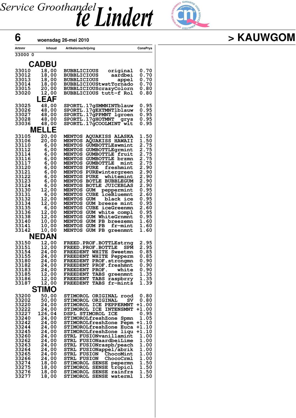 17gPPMNT lgroen 0.95 33028 48,00 SPORTL.17gHOTMNT grys 0.95 33036 48,00 SPORTL.17gCOOLMINT wit 0.95 MELLE 33105 20,00 MENTOS AQUAKISS ALASKA 1.50 33106 20,00 MENTOS AQUAKISS HAWAII 1.