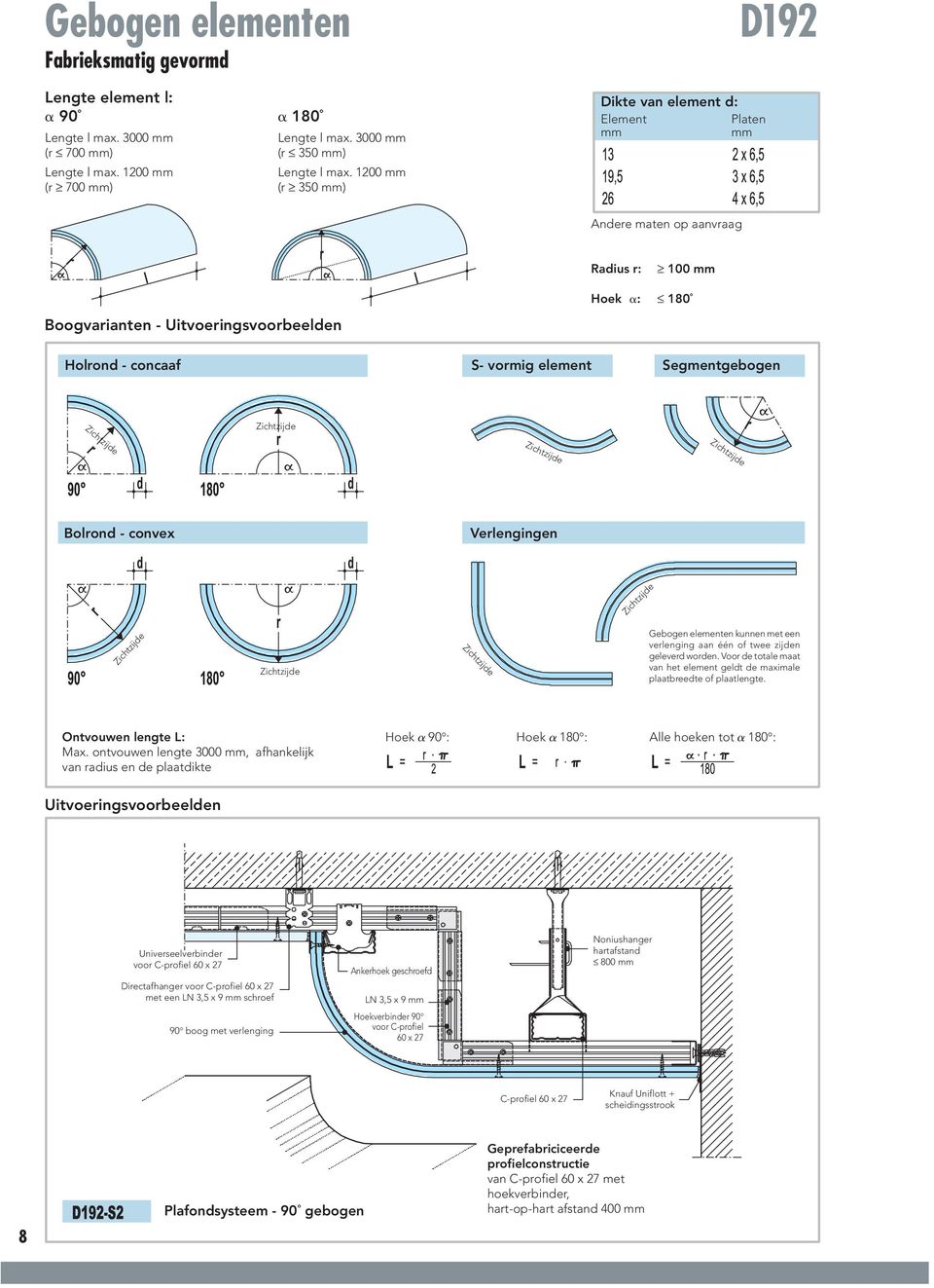 Segmentgebogen Bolrond - convex Verlengingen Gebogen elementen kunnen met een verlenging aan één of twee zijden geleverd worden.