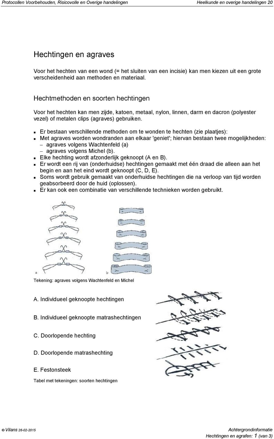 Hechtmethoden en soorten hechtingen Voor het hechten kan men zijde, katoen, metaal, nylon, linnen, darm en dacron (polyester vezel) of metalen clips (agraves) gebruiken.