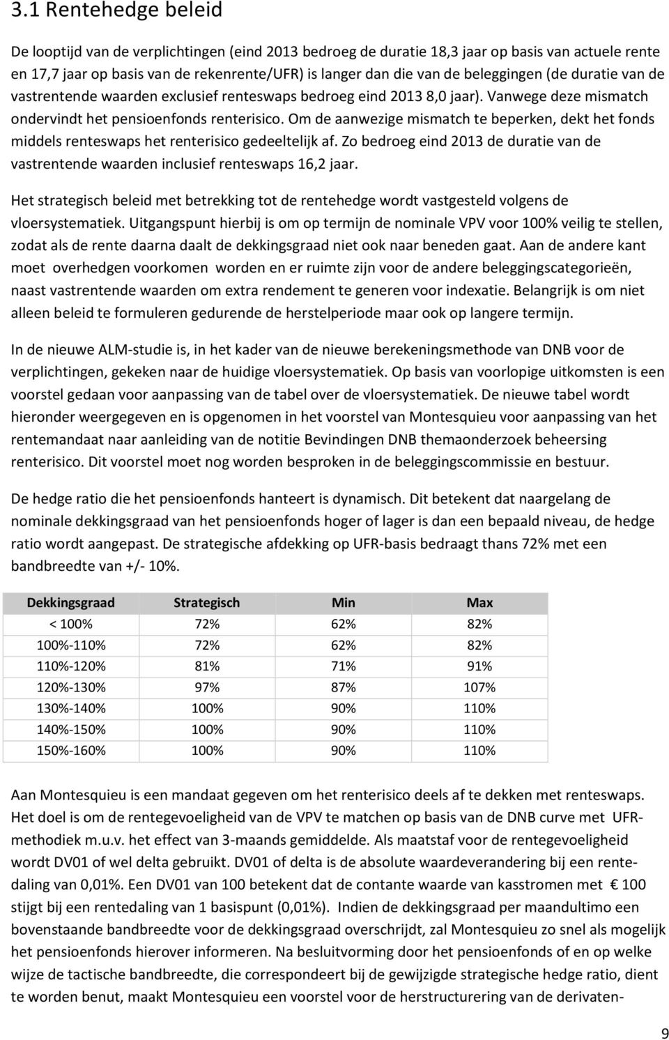 Om de aanwezige mismatch te beperken, dekt het fonds middels renteswaps het renterisico gedeeltelijk af. Zo bedroeg eind 2013 de duratie van de vastrentende waarden inclusief renteswaps 16,2 jaar.