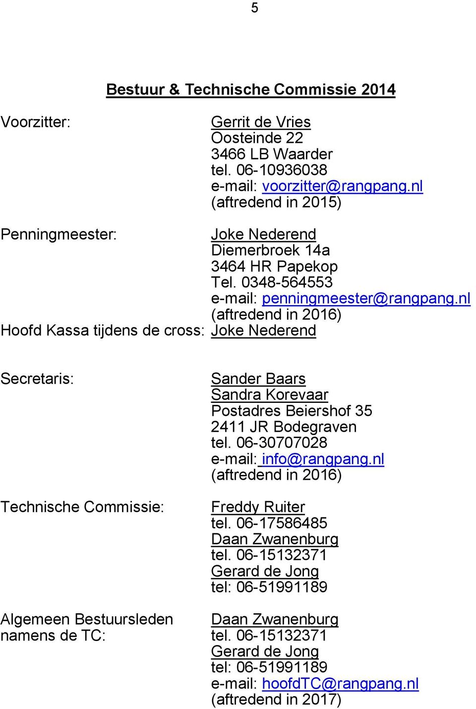 nl (aftredend in 2016) Hoofd Kassa tijdens de cross: Joke Nederend Secretaris: Technische Commissie: Sander Baars Sandra Korevaar Postadres Beiershof 35 2411 JR Bodegraven tel.