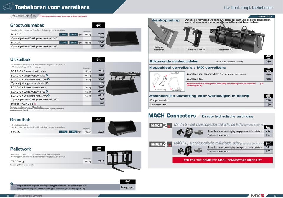 Aankoppeling op maat van de zelfrijdende lader : gebout, verwisselbaar Hydraulische koppelstukken inbegrepen Leeggewicht BCA 210 + 8 vaste uitkuiltanden 380 kg 2610 BCA 210 + Grijper GBDF 1200 # 470