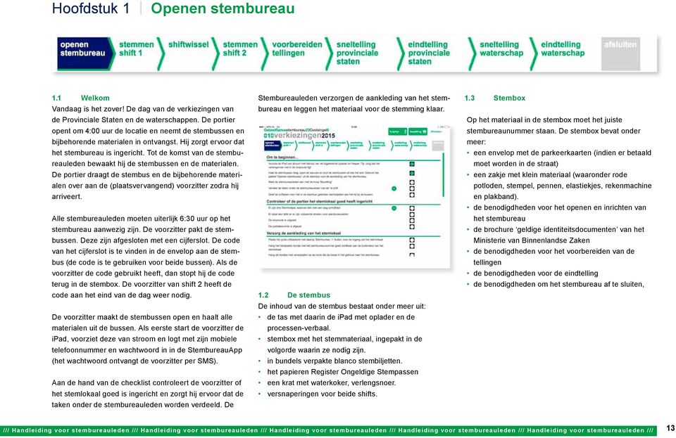 Tot de komst van de stembureauleden bewaakt hij de stembussen en de materialen.