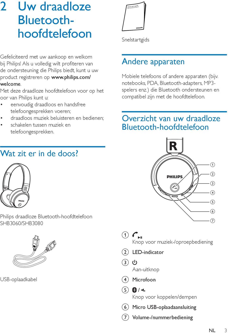 Met deze draadloze hoofdtelefoon voor op het oor van Philips kunt u: eenvoudig draadloos en handsfree telefoongesprekken voeren; draadloos muziek beluisteren en bedienen; schakelen tussen muziek en