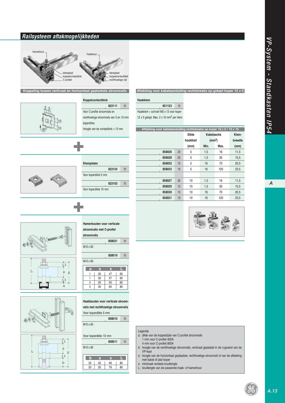 Hoogte van de contactblok = 13 mm Klemplaten 823124 10 Voor koperdikte 5 mm 823103 10 Voor koperdikte 10 mm Haakklem 851123 10 Haakklem + schroef M5 x 13 voor koper 12 x 5 getapt.max.