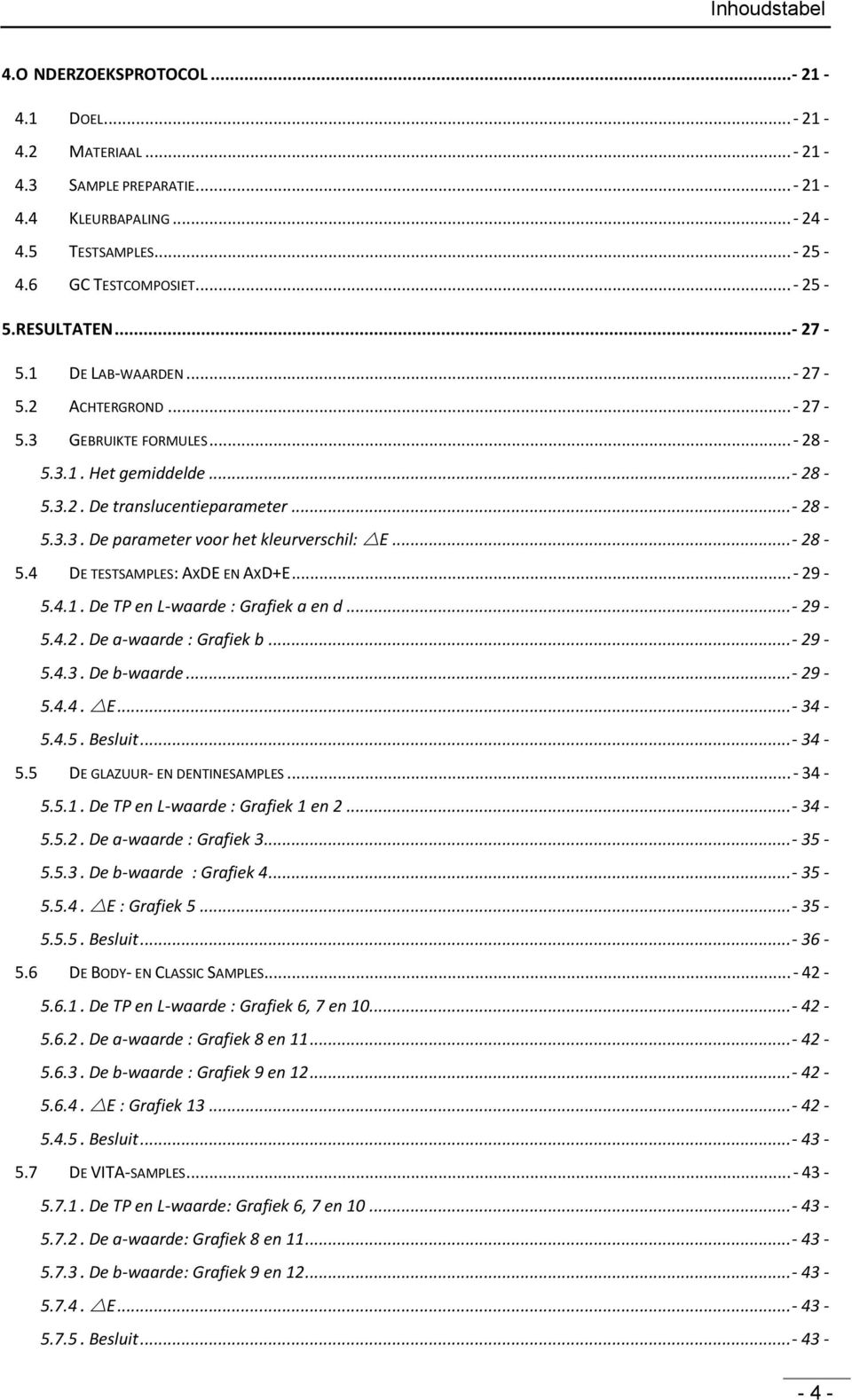 ..- 28-5.4 DE TESTSAMPLES: AXDE EN AXD+E... - 29-5.4.1. De TP en L-waarde : Grafiek a en d...- 29-5.4.2. De a-waarde : Grafiek b...- 29-5.4.3. De b-waarde...- 29-5.4.4. E...- 34-5.