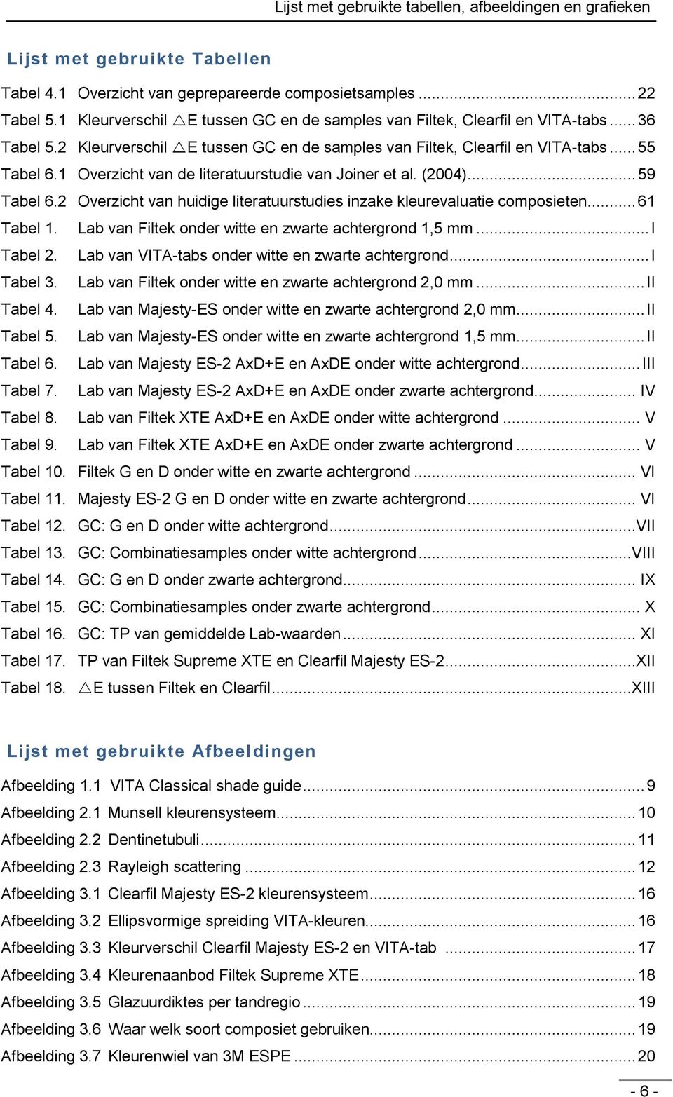 1 Overzicht van de literatuurstudie van Joiner et al. (2004)... 59 Tabel 6.2 Overzicht van huidige literatuurstudies inzake kleurevaluatie composieten... 61 Tabel 1.