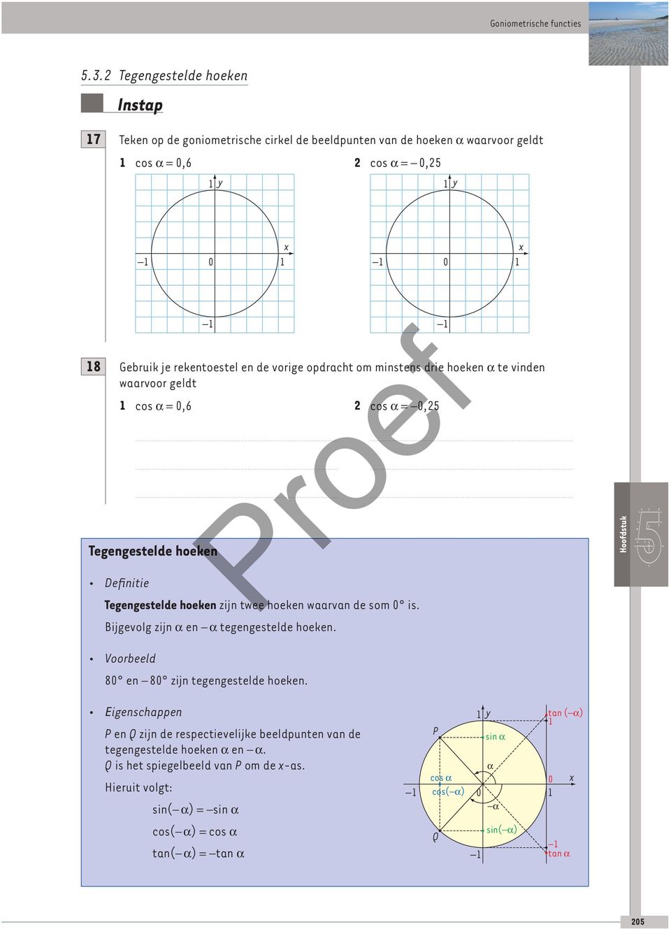 minstens drie hoeken a te vinden waarvoor geldt cos a =,6 cos a = -,......... Tegengestelde hoeken Definitie Tegengestelde hoeken zijn twee hoeken waarvan de som is.