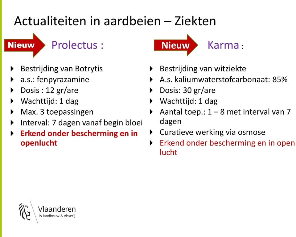 witziekte A.s. kaliumwaterstofcarbonaat: 85% Dosis: 30 gr/are Wachttijd: 1 dag Aantal toep.