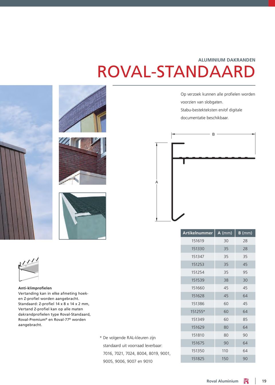 Standaard: Z-profiel 14 x 8 x 14 x 2 mm, Vertand Z-profiel kan op alle maten dakrandprofielen type Roval-Standaard, Roval-Premium en Roval-77 worden aan gebracht.