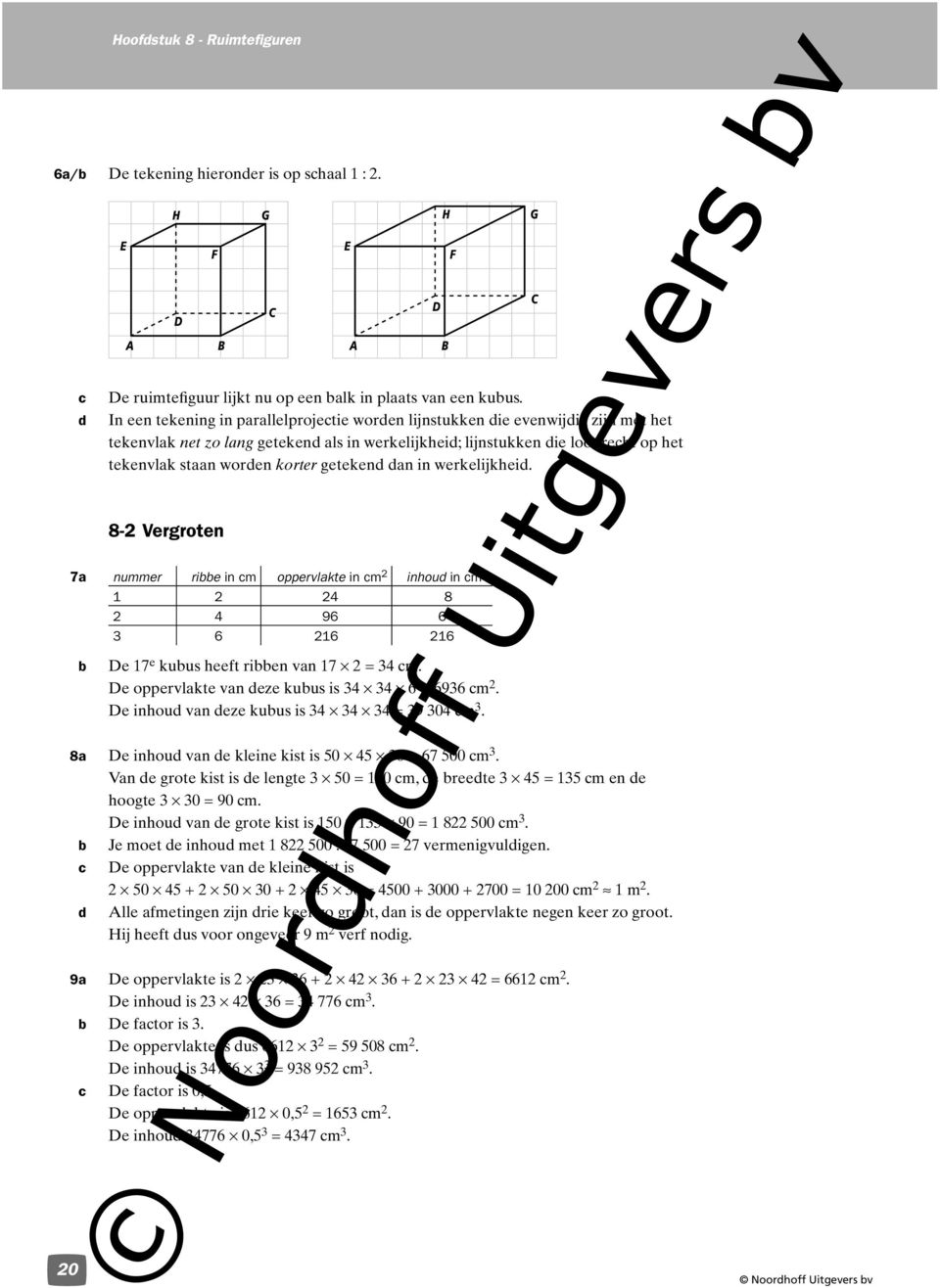 getekend dan in werkelijkheid. 8-2 Vergroten 7a nummer rie in cm oppervlakte in cm 2 inhoud in cm 2 24 8 2 4 96 64 6 26 26 De 7 e kuus heeft rien van 7 2 = 4 cm.