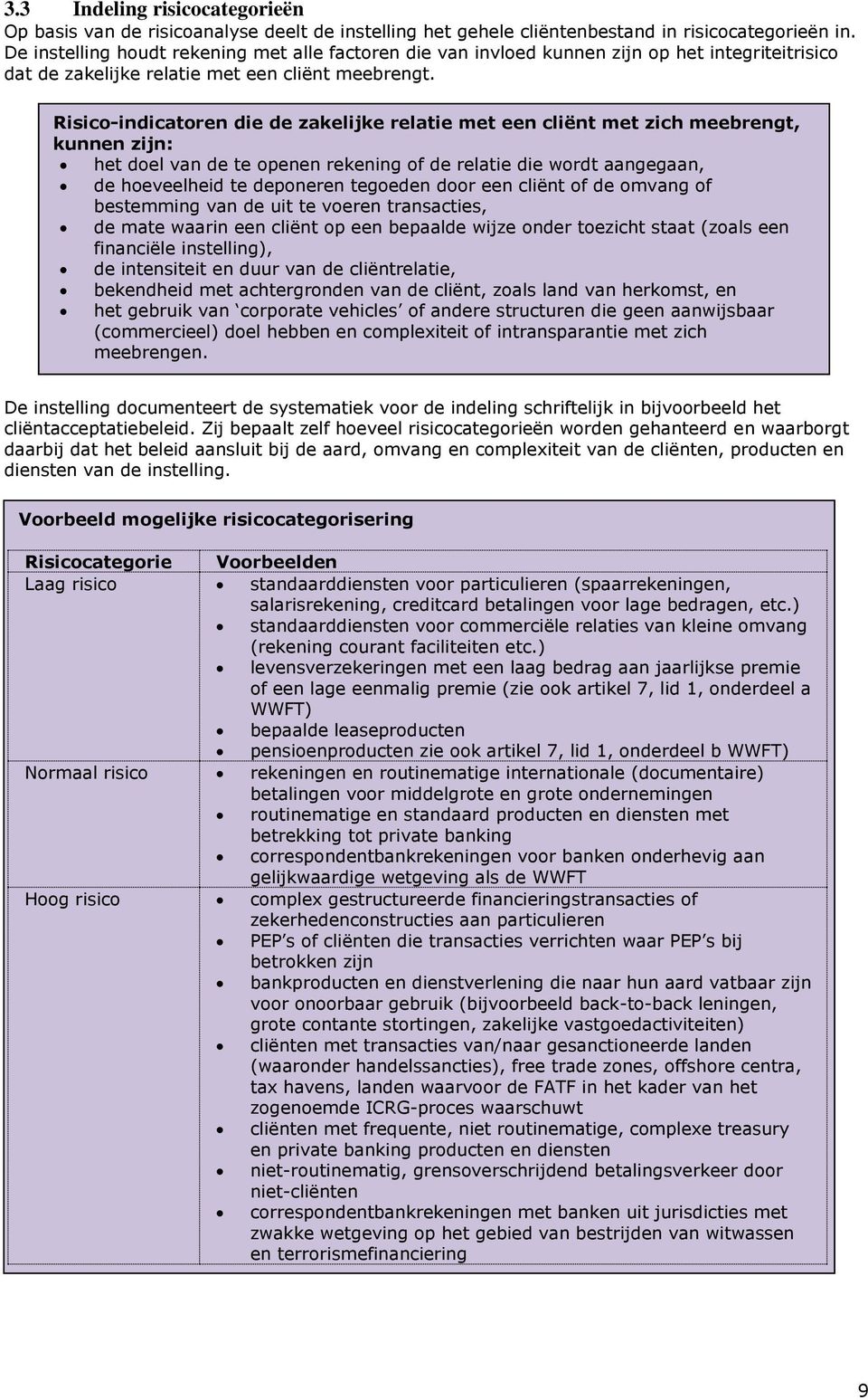 Risico-indicatoren die de zakelijke relatie met een cliënt met zich meebrengt, kunnen zijn: het doel van de te openen rekening of de relatie die wordt aangegaan, de hoeveelheid te deponeren tegoeden