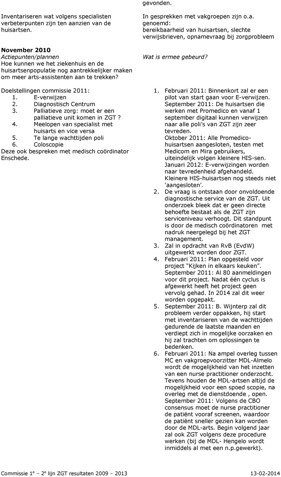 Diagnostisch Centrum 3. Palliatieve zorg: moet er een palliatieve unit komen in ZGT? 4. Meelopen van specialist met huisarts en vice versa 5. Te lange wachttijden poli 6.