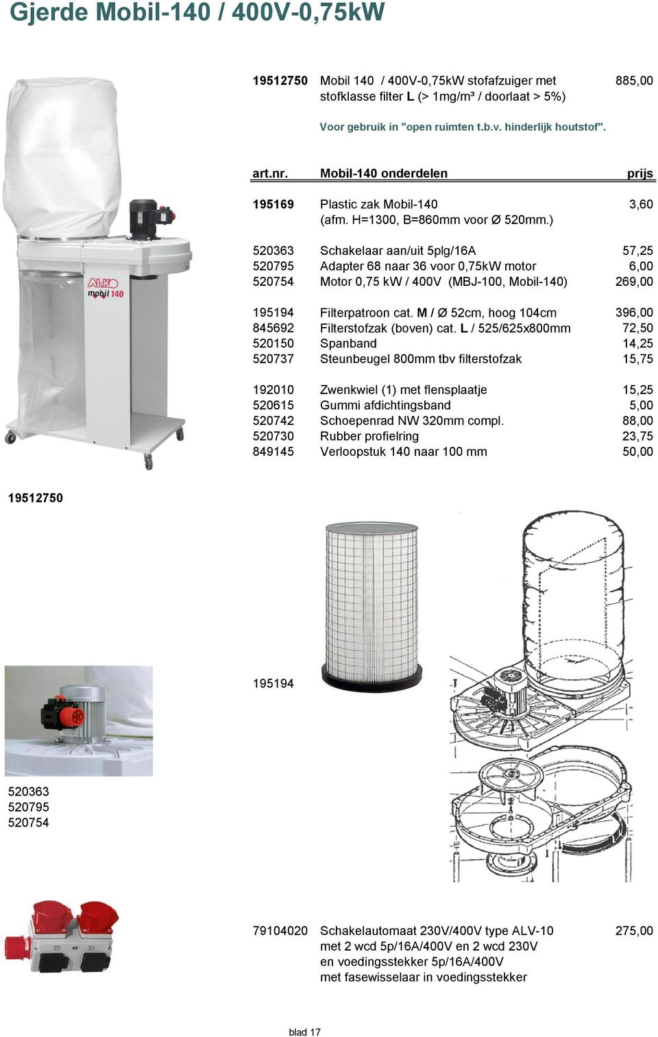 ) 520363 Schakelaar aan/uit 5plg/16A 57,25 520795 Adapter 68 naar 36 voor 0,75kW motor 6,00 520754 Motor 0,75 kw / 400V (MBJ-100, Mobil-140) 269,00 195194 Filterpatroon cat.