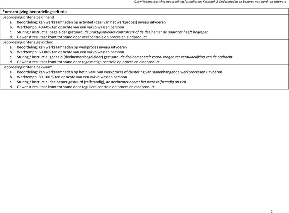 Gewenst resultaat komt tot stand door veel controle op proces en eindproduct Beoordelingscriteria gevorderd a. Beoordeling: kan werkzaamheden op werkproces niveau uitvoeren b.