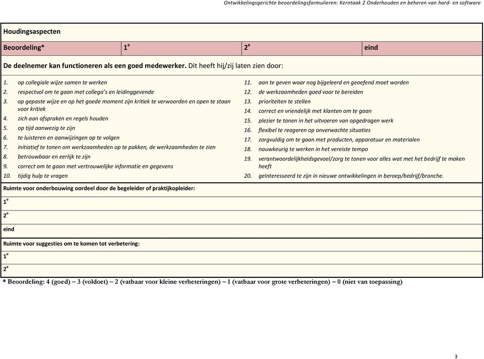 op tijd aanwezig te zijn 6. te luisteren en aanwijzingen op te volgen 7. initiatief te tonen om werkzaamheden op te pakken, de werkzaamheden te zien 8. betrouwbaar en eerlijk te zijn 9.