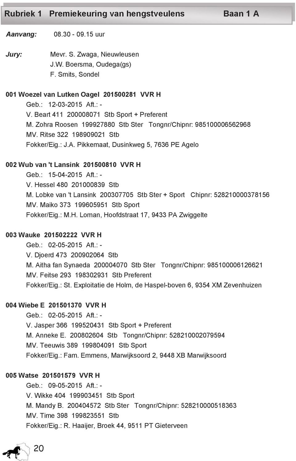 : 15-04-2015 Aft.: - V. Hessel 480 201000839 Stb M. Lobke van 't Lansink 200307705 Stb Ster + Sport Chipnr: 528210000378156 MV. Maiko 373 199605951 Stb Sport Fokker/Eig.: M.H. Loman, Hoofdstraat 17, 9433 PA Zwiggelte 003 Wauke 201502222 VVR H Geb.