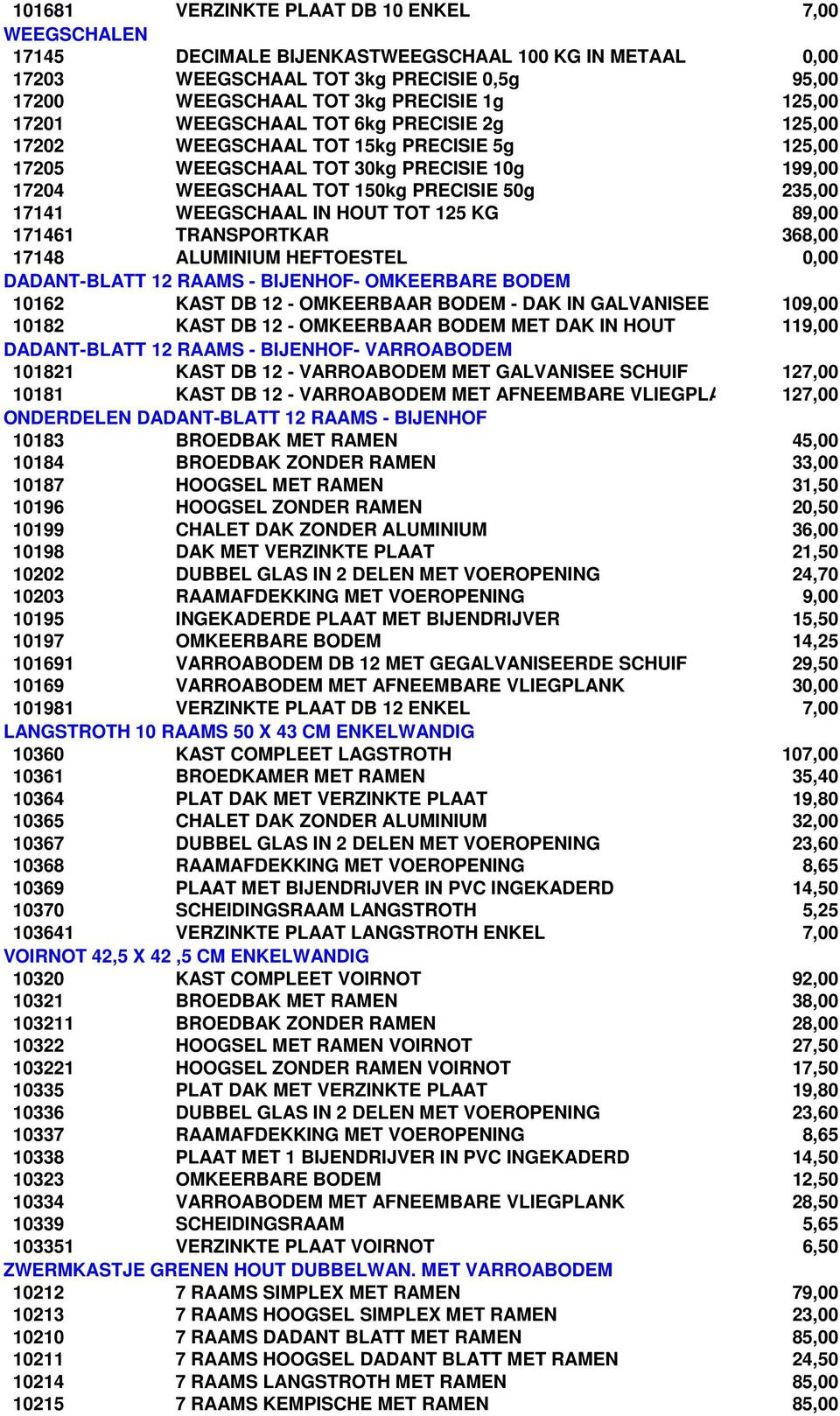 IN HOUT TOT 125 KG 89,00 171461 TRANSPORTKAR 368,00 17148 ALUMINIUM HEFTOESTEL 0,00 DADANT-BLATT 12 RAAMS - BIJENHOF- OMKEERBARE BODEM 10162 KAST DB 12 - OMKEERBAAR BODEM - DAK IN GALVANISEE 109,00