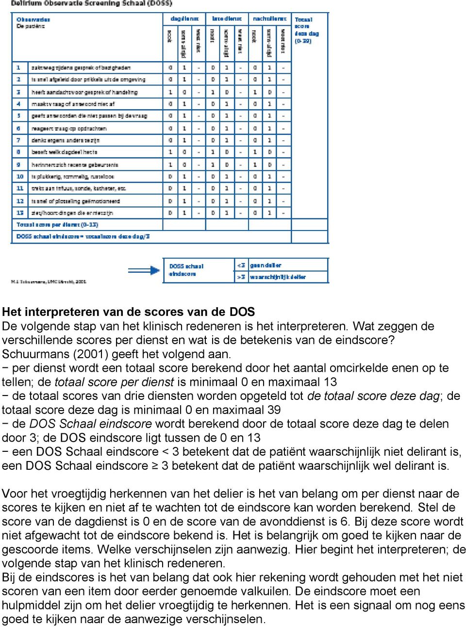 per dienst wordt een totaal score berekend door het aantal omcirkelde enen op te tellen; de totaal score per dienst is minimaal 0 en maximaal 13 de totaal scores van drie diensten worden opgeteld tot