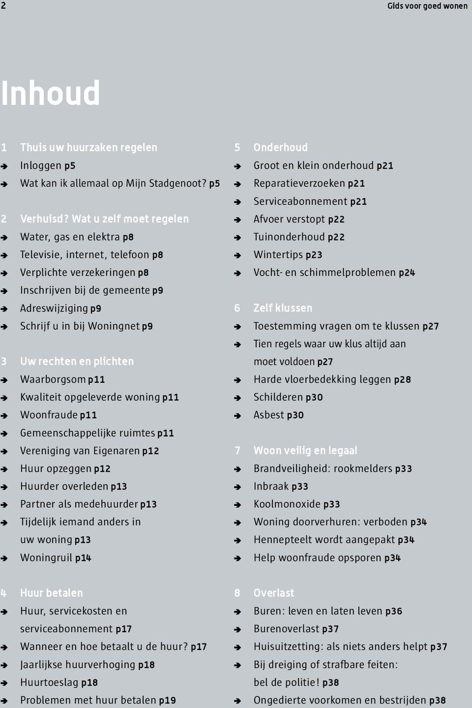 rechten en plichten Waarborgsom p11 Kwaliteit opgeleverde woning p11 Woonfraude p11 Gemeenschappelijke ruimtes p11 Vereniging van Eigenaren p12 Huur opzeggen p12 Huurder overleden p13 Partner als