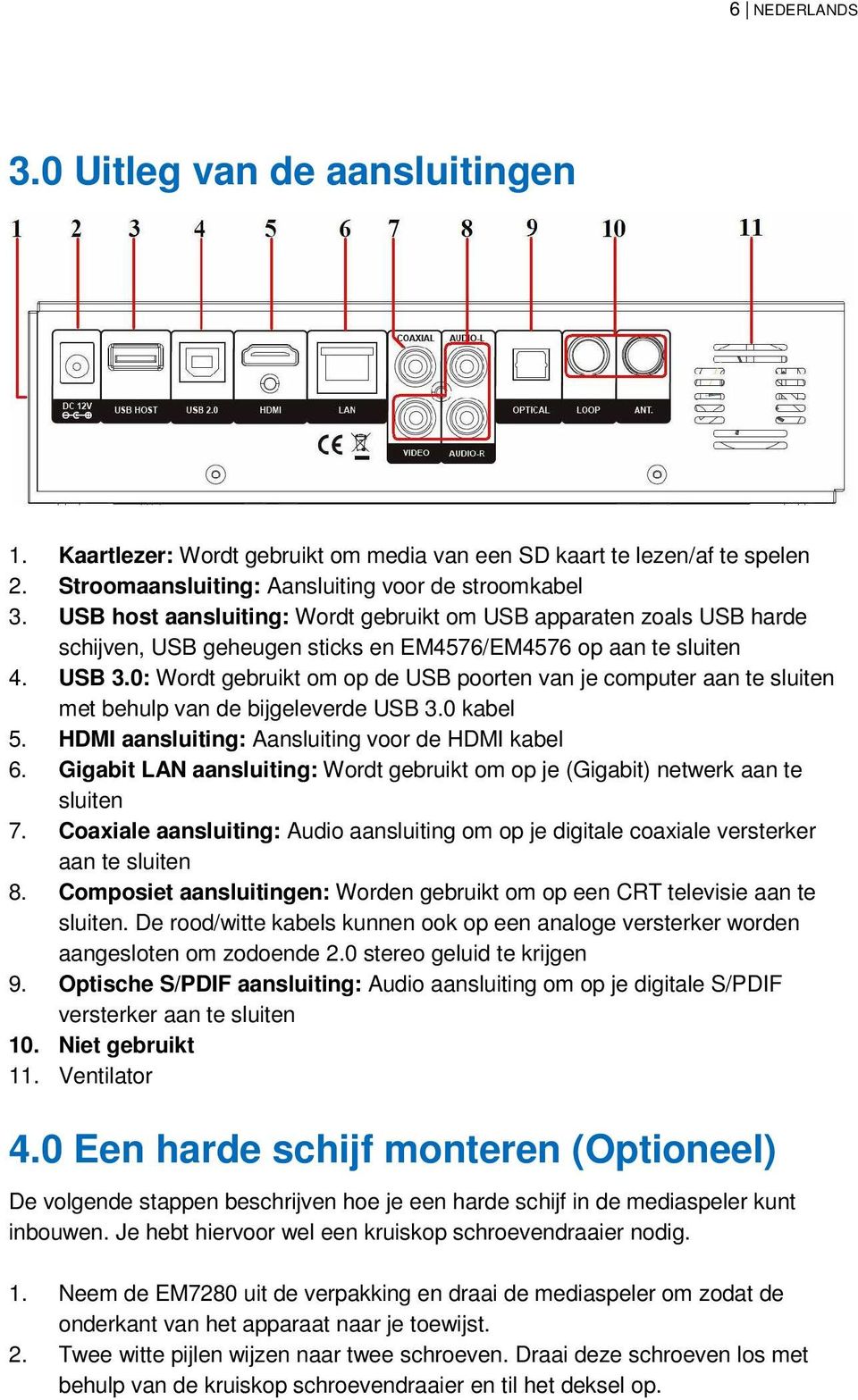 0: Wordt gebruikt om op de USB poorten van je computer aan te sluiten met behulp van de bijgeleverde USB 3.0 kabel 5. HDMI aansluiting: Aansluiting voor de HDMI kabel 6.