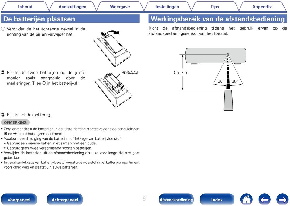 w Plaats de twee batterijen op de juiste manier zoals aangeduid door de markeringen q en w in het batterijvak. R03/AAA Ca. 7 m 30 30 e Plaats het deksel terug.