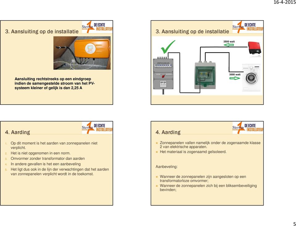 In andere gevallen is het een aanbeveling 5. Het ligt dus ook in de lijn der verwachtingen dat het aarden van zonnepanelen verplicht wordt in de toekomst. 4.