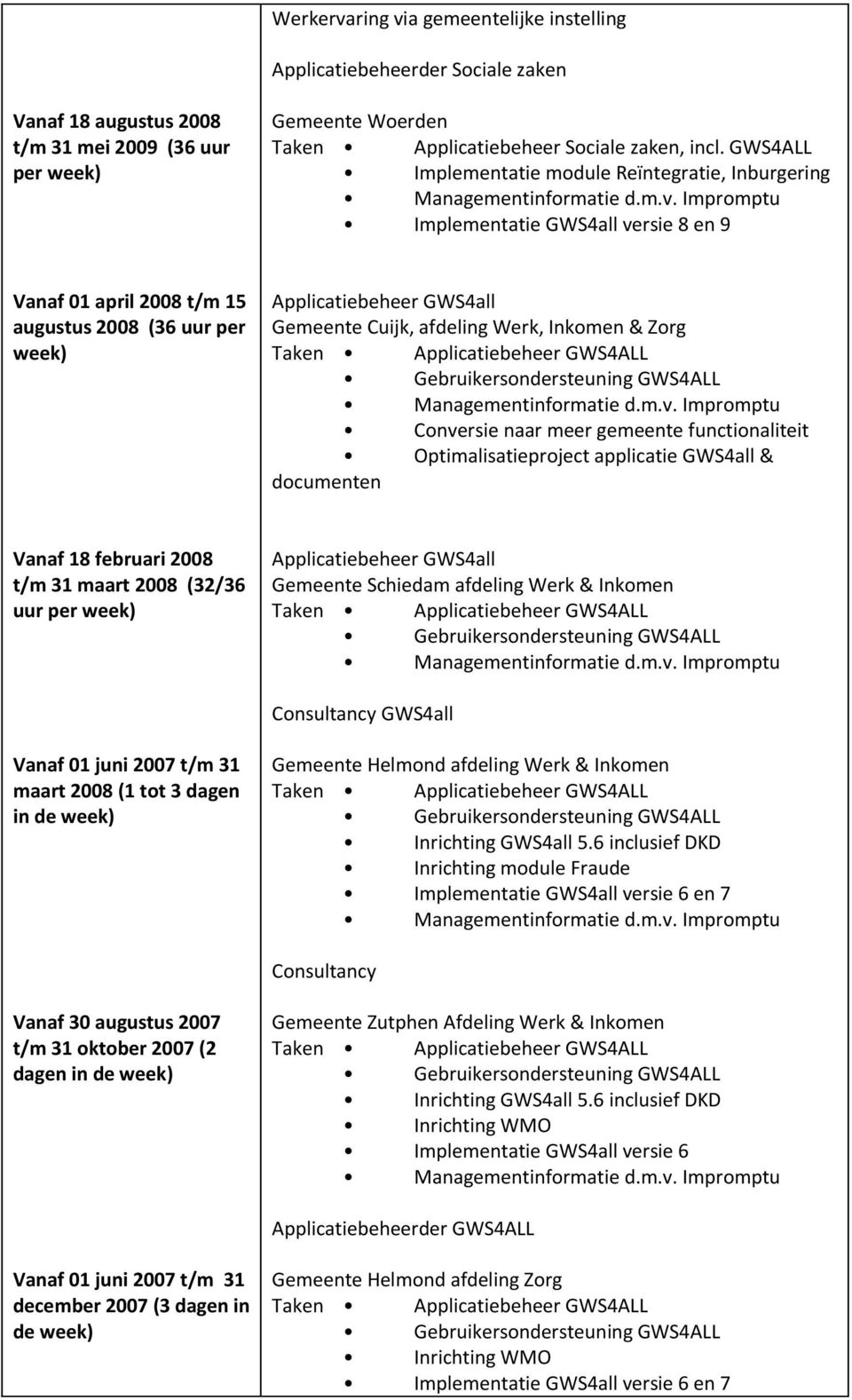 Werk, Inkomen & Zorg Conversie naar meer gemeente functionaliteit Optimalisatieproject applicatie GWS4all & documenten Vanaf 18 februari 2008 t/m 31 maart 2008 (32/36 uur per week) Applicatiebeheer