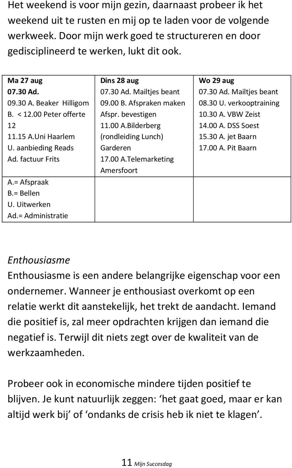 aanbieding Reads Ad. factuur Frits A.= Afspraak B.= Bellen U. Uitwerken Ad.= Administratie Dins 28 aug 07.30 Ad. Mailtjes beant 09.00 B. Afspraken maken Afspr. bevestigen 11.00 A.