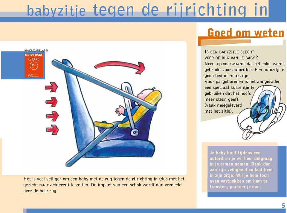 Het is veel veiliger om een baby met de rug tegen de rijrichting in (dus met het gezicht naar achteren) te zetten. De impact van een schok wordt dan verdeeld over de hele rug.